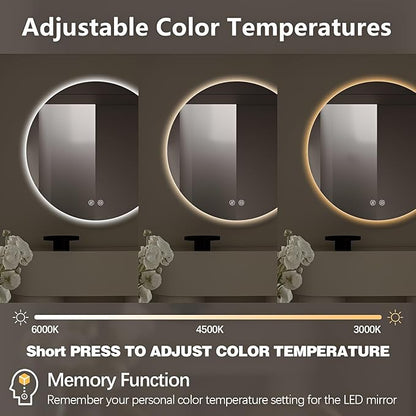 Niccy Round Led Mirror for Bathroom, 32" Circle Frameless Backlit Mirror wiht Light, Anti-Fog, 3 Colors, Waterproof, Memory Function