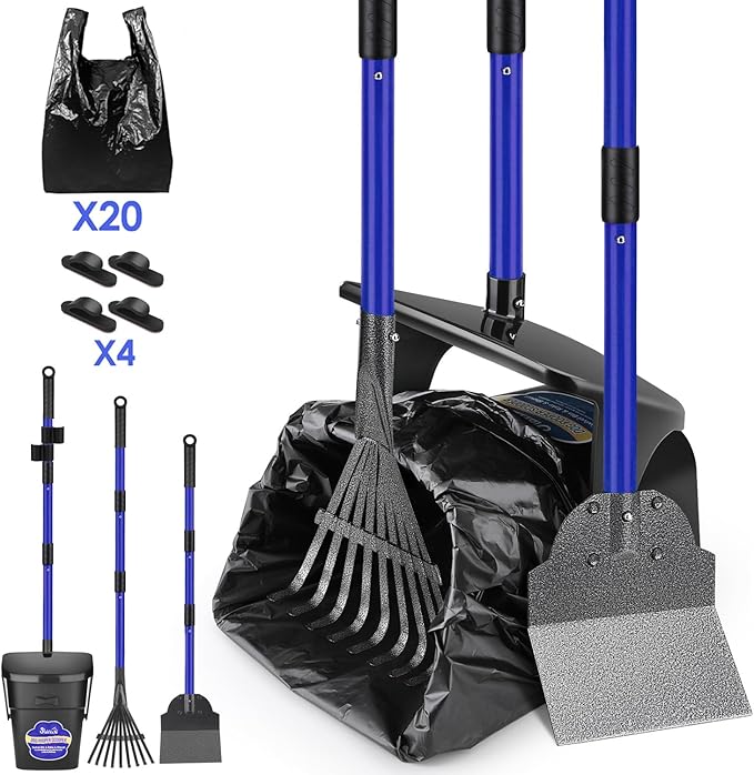 Lukovee Dog Pooper Scooper, 37.4" Long Adjustable Metal Handle Swivel Bin & Rake & Spade Kit with 20 Poop Bags, Portable Dog Non-Breakable Poop Scooper for Gravel Yard Lawn Grass, Blue-Mewly Pet