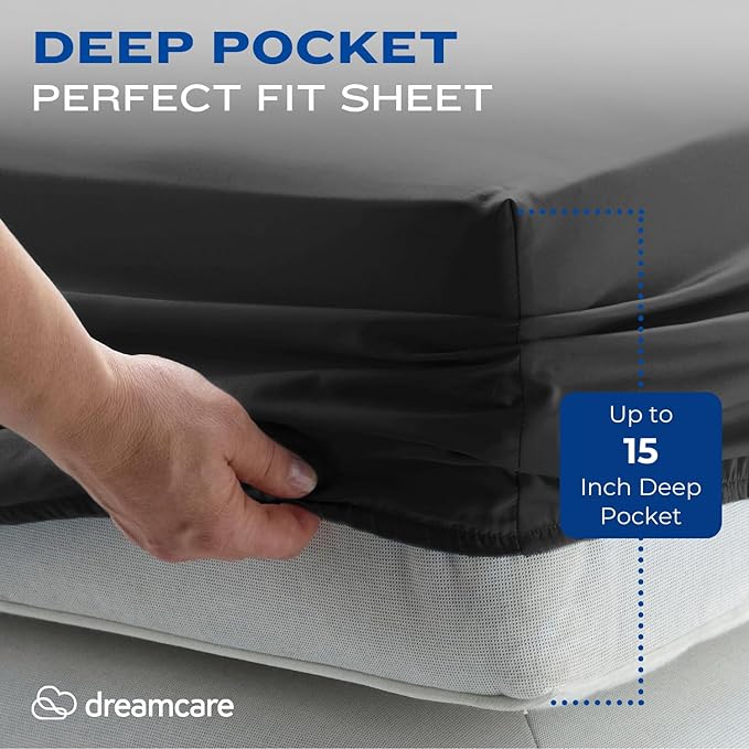 DREAMCARE King Size Sheets Set - Cooling Bed Sheets - 4pcs Set - up to 15" Deep Pocket King Sheet Set – Soft & Long Lasting Cooling - 100% Fine Brushed Polyester with Side Pocket - Gray