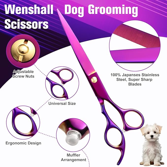 Professional Dog Grooming Scissors Set - 6.5" Thinning, 7" Straight, 7" Up-Curved, 7" Down-curved Scissors and Comb for Dog Cat Pet (Purple)-Mewly Pet