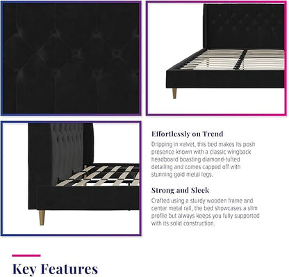 Novogratz The Her Majesty Upholstered Bed, King, Black Velvet