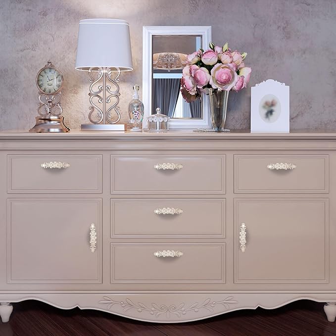 2Pcs Euro Rose Decorative Cabinet Pull Handles, Ivory White, Zinc Alloy, 5" Hole Center