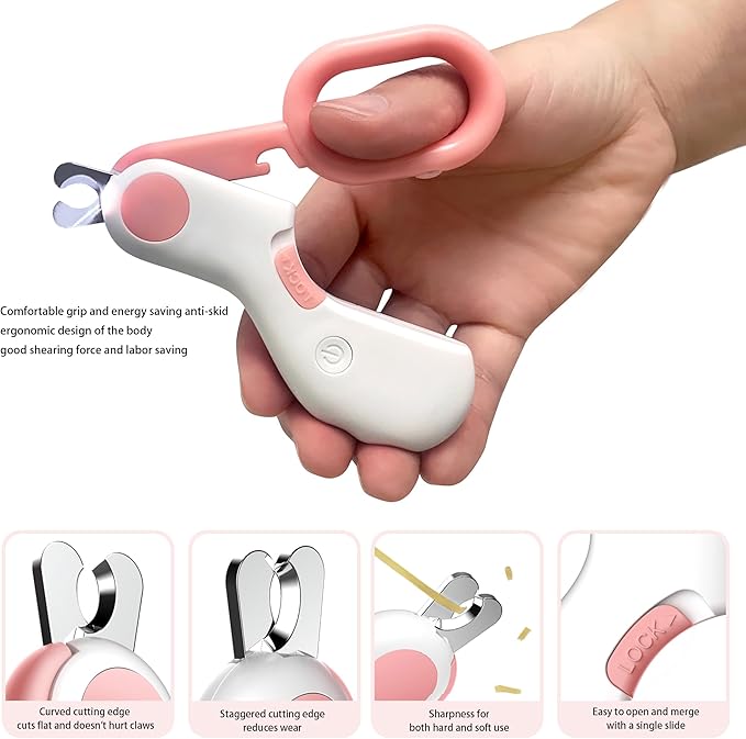 Pet Nail Clippers with LED Lights cat Nail Clippers for Indoor Cats Nail Trimmer Clippers for Small Dog Nail Trimmers Cats Rabbits Nail Clippers Bird Kittens (Pink)-Mewly Pet