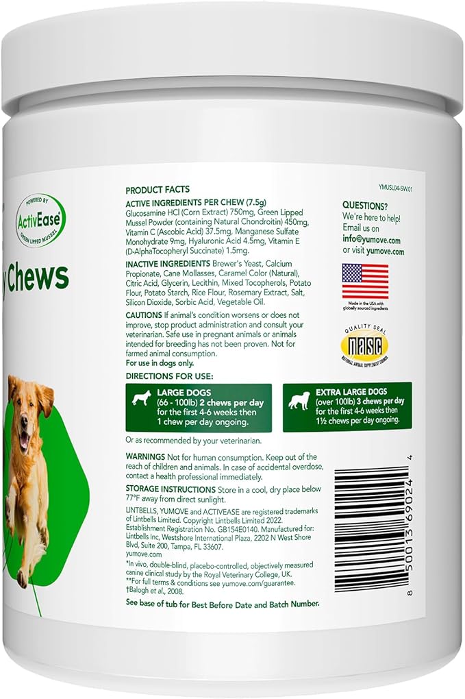 YuMOVE Hip & Joint Supplement for Dogs - with Glucosamine Chondroiton, Green Lipped Mussel, Hyaluronic Acid, and Omega 3 Joint Supplement for Stiffness and Mobility 60 Chews (Large/XL Dogs)-Mewly Pet