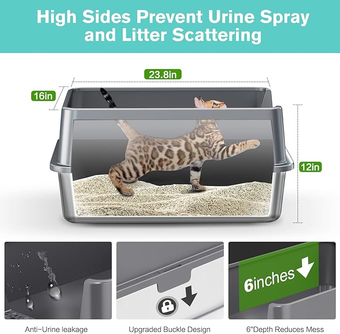Stainless Steel Cat Litter Box with High Sides Lid, Extra Large XL Litter Box for Big Cats,Enclosed Metal Kitty Litter Pan with Anti-Leakage Enclosure, Non-Stick, Odorless,Scoop Included (Dark Grey)…-Mewly Pet