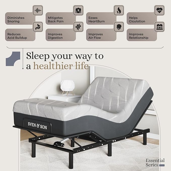 Sven and Son Essential Adjustable Bed Base (Frame) + 10 inch Memory Foam Matt (Firm), Easy Assembly, Head and Foot Lift, Memory Positions, Zero Gravity, Wireless Remote - Twin XL