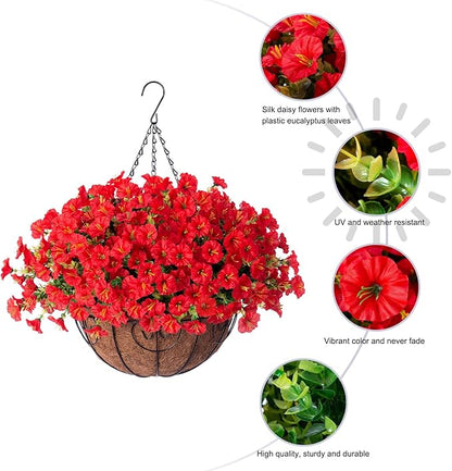 Artificial Fake Hanging Flowers Plants Baskets for Outdoor Decoration, Faux Silk Red Morning Glory in Planter Look Real UV Resistant Artificial Flower for Outside Porch Patio Garden Yard Home Decor