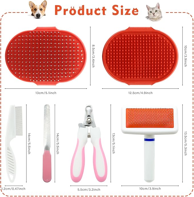 Cat Grooming Kit Set with Pet Shedding Slicker Brush Nail Clipper Trimmer Pet Massage Bath Glove Flea Comb for Bunny Puppy Kitten Guinea Pig Chinchilla Ferret Small Animals (Red, Pink)-Mewly Pet