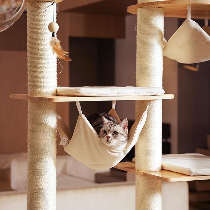 Wood Cat Tree for Indoor Cats, Modern Cat Tower, Unique Cat Condo with House, Tall Luxury Furniture with Heavy Duty Wide Base, Kraft Paper Rope Scratching Post, Removable Cushion (96.5-118.1 inch)-Mewly Pet