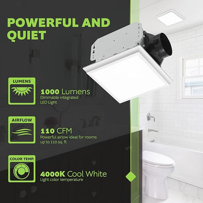 Homewerks 7141-110-G4 Bathroom Fan Integrated LED Light Ceiling Mount Exhaust Ventilation Whisper Quiet 2.0 Sones 110 CFM, White