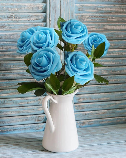 JOYLEX Artificial Flowers Realistic Roses, 25pcs Real Looking Fake Roses with Stem for DIY Wedding Bouquets Centerpieces Bridal Shower Party Home Romantic Decorations (Regular 3" - 25pcs, Light Blue)