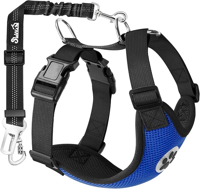 SlowTon Dog Seat Belt Harness for Car, Dog Car Harness Adjustable Mesh Breathable & Dog Seatbelt Safety Tether with Elastic Bungee for Small Medium Large Pets(Blue, Double Clip, M)-Mewly Pet