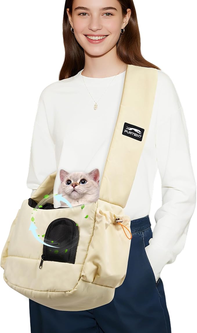 Cat Sling, Dog Carrier Sling for Kitten and Puppy up to 8.8 lbs, Breathable Cats Carrier Pouch Pet Purse with Soft Mat, Hands-Free Pet Carrier with Safety Harness and Pockets for Travel, Yellow-Mewly Pet