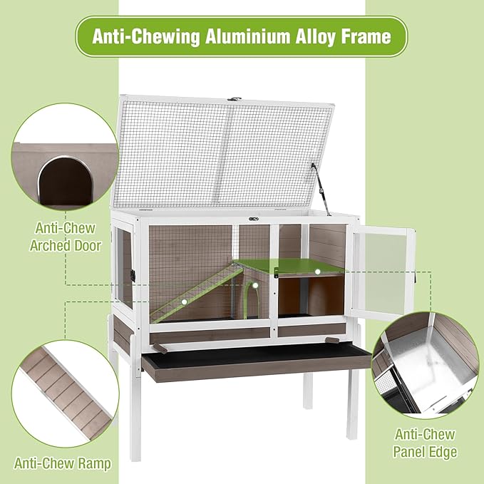 GUTINNEEN Indoor Rabbit Hutch Guinea Pig Cages with Chew-Proof Ramp, 2-Story Wooden Bunny House with Pull-Out Tray & Leakproof PVC Layer, Small Animal Cage with Detachable Legs-Mewly Pet