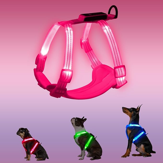 Rechargeable Light Up Dog Harness for Small Dogs – Adjustable LED Dog Vest with Reflective Strips, No Pull Glow in The Dark Puppy Harness for Night Walking Safety-Pink-Mewly Pet