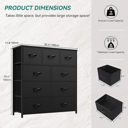 YITAHOME 9 Drawers Fabric Dresser, Dresser for Room, Black Chest of Drawers, Storage Tower Organizer Unit for Living Room, Closets - Sturdy Steel Frame, Wooden Top & Easy Pull Fabric Bins