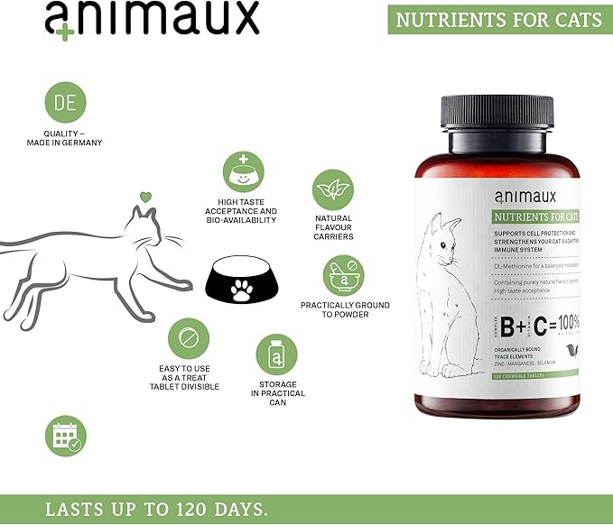 animaux – nutrients for Cats, All-Natural Cat Vitamins, Cat Essentials to Strengthen The Immune System & Natural Cell Protection, Healthy Skin & Shiny Coat, 120 Chewable Tablets, 120 Days Supply-Mewly Pet
