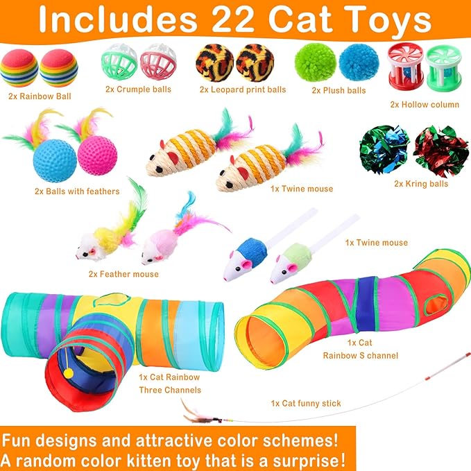 Wettarn 22 Pieces Cat Toys Set, with 2 Collapsible Tunnels for Indoor Cats and 20 Kitten Toys Tubes and Tunnels Interactive Feather Mouse Crinkle Balls for Pets Puppies(Colorful)-Mewly Pet
