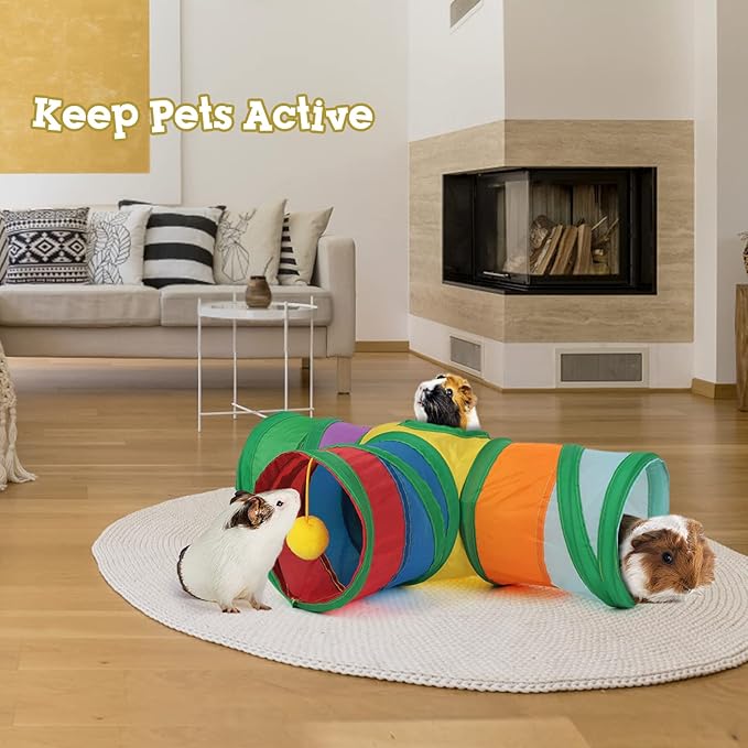 Rypet Guinea Pig Tunnel 3 Way Collapsible Small Pet Tunnels and Tubes with Interactive Ball for Baby Rabbit Ferret Hamster Chinchilla Hedgehog Hiding and Resting-Mewly Pet