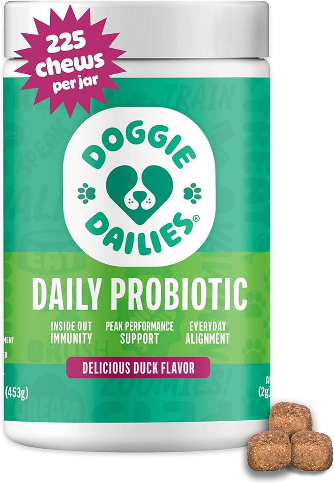 Doggie Dailies Probiotics for Dogs, Advanced Probiotics with Prebiotics, Promotes Digestive Health, Supports Immune System & Overall Health, Duck Flavor, 225 Chews-Mewly Pet