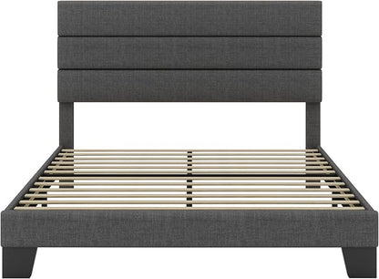 SHA CERLIN Queen Platform Bed Frame with Upholstered Fabric Headboard, Mattress Foundation with Strong Wooden Slats Support, No Box Spring Needed, Grey