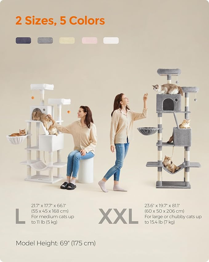 Feandrea Cat Tree, 66.1-Inch Large Cat Tower with 13 Scratching Posts, 2 Perches, 2 Caves, Basket, Hammock, Pompoms, Multi-Level Plush Cat Condo for Indoor Cats, Beige UPCT165M01-Mewly Pet