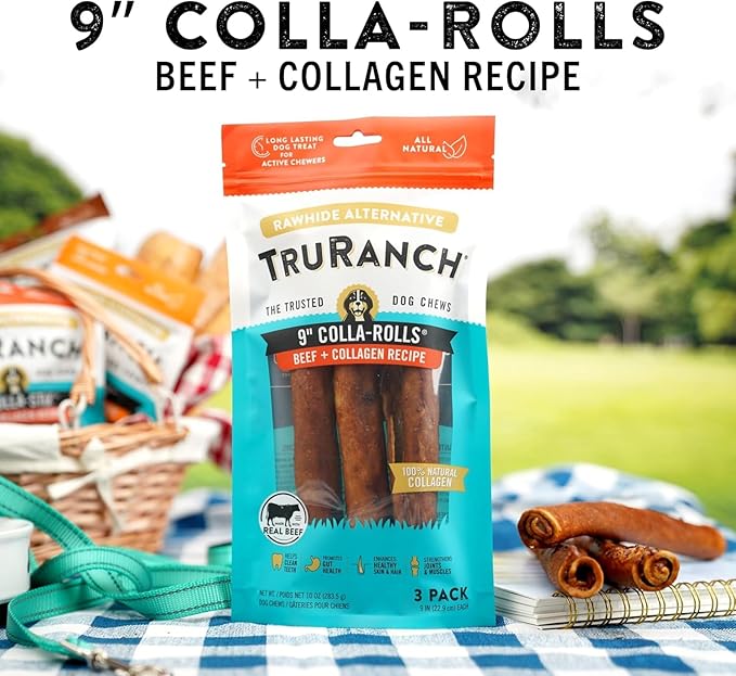 Collagen Rolls - 9" Collagen Rolls for Dogs - Long Lasting Healthy Joint Support Dog Treat - Rawhide Alternative - Skin & Coat Health - Made with Real Beef, 1 Bag, 3 Count-Mewly Pet