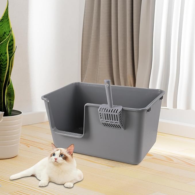 4 Packs Large Cat Litter Box with High Sides, Grey Open Top Cat Litter Basin-Mewly Pet