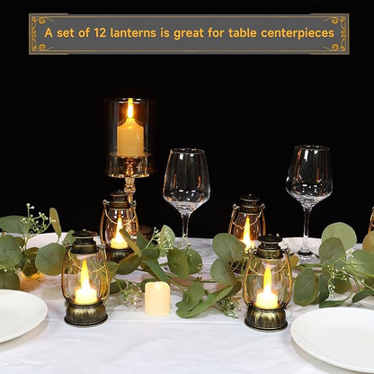 12Pcs Mini Lantern for Halloween Decor, 6Inch Small Lanterns for Western Garden Camping Party Decorations, Vintage Candleholders Table Centerpiece, Forest Christmas Wedding Decorations (Brass)