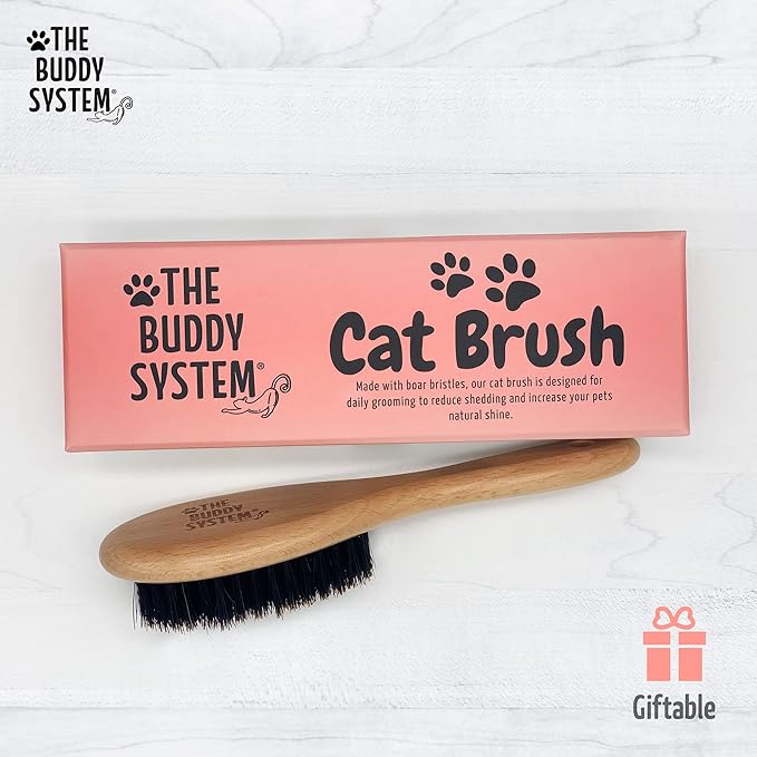 The Buddy System Cat Brush with Boar Bristle and Wooden Handle, Professional Grade Daily Grooming Hairbrush, Reduce Shedding, Soft Hair and Healthy Shine (1 Pack)-Mewly Pet