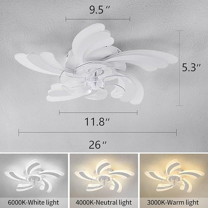Ceiling Fan with Lights Remote Control, White Flower Ceiling Fan with Light, 3 Light Color 6 Speeds Low Profile Flush Mount Ceiling Fan for Kitchen Bedroom Living Room