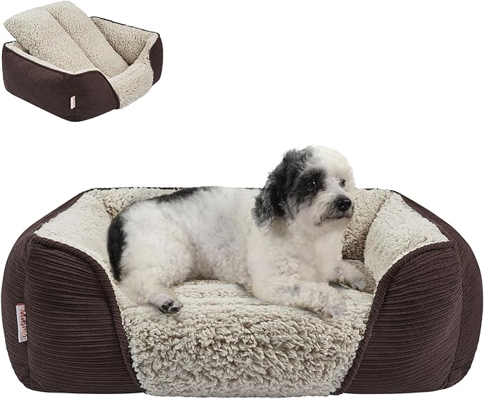 Miguel Washable Dog & Cat Bed with Removable Cushion for Medium & Small Dogs, Easy to Wash Pet Sofa Bed with Side Bolster, Dark Brown 25 Inch-Mewly Pet