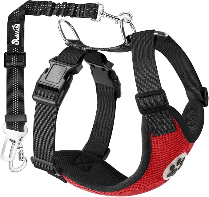 SlowTon Dog Seat Belt Harness for Car, Dog Car Harness Adjustable Mesh Breathable & Dog Seatbelt Safety Tether with Elastic Bungee for Small Medium Large Pets(Red, Double Clip, L)-Mewly Pet