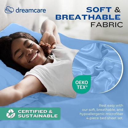 DREAMCARE Full Size Sheets - Cooling Bed Sheets - 4pcs Set - up to 15" Deep Pocket Full Sheet Set - Sheets Full Size Bed - Soft & Long Lasting 100% Fine Brushed Polyester with Side Pocket - LightBlue