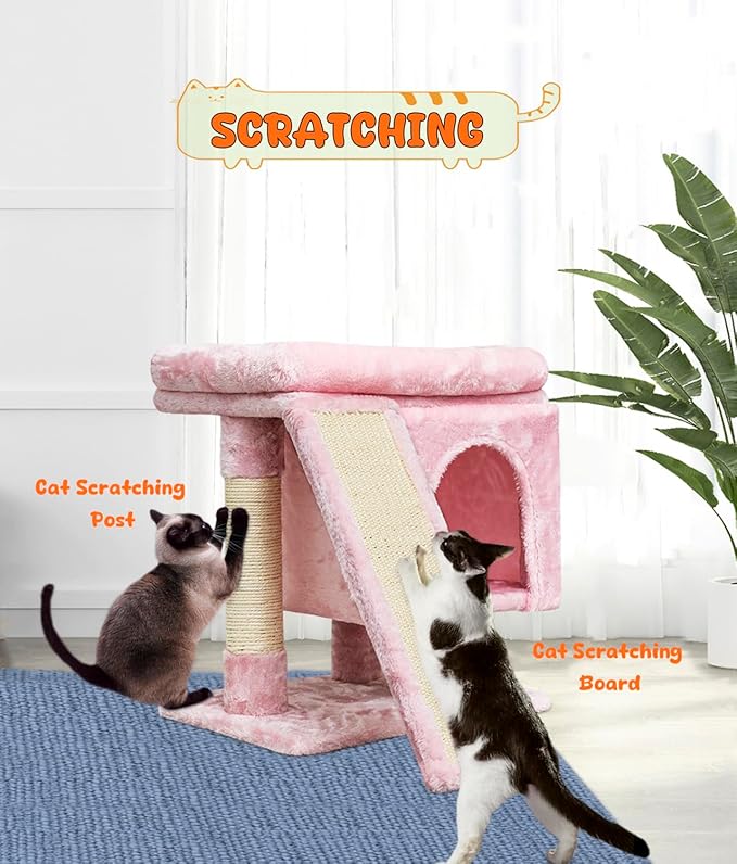 SYANDLVY Small Pink Cat Tree with Perch for Indoor Cats, Cat Tower with Scratching Post, Modern Activity House for Large Cats, Condo with Board, Kittens Cave-Mewly Pet