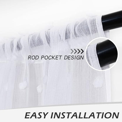 MYSKY HOME Small Curtains for Bedroom Windows Panels Light Filtering White Pom Pom Sheer Curtains 63 Inch Long for Nursery Girls Room Rod Pocket Kitchen Voile Drapes 52 x 63 inch 2 Sets