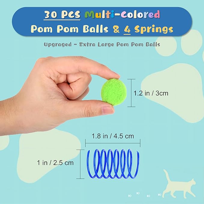 30 Pcs Premium Silent Cat Pom Pom Balls, Interactive Lightweight Assorted Colors Fuzzy Toy Balls (1.2 inches), with 4 Pcs Cat Spring Toy for Indoor Kitten Playing Exercising-Mewly Pet