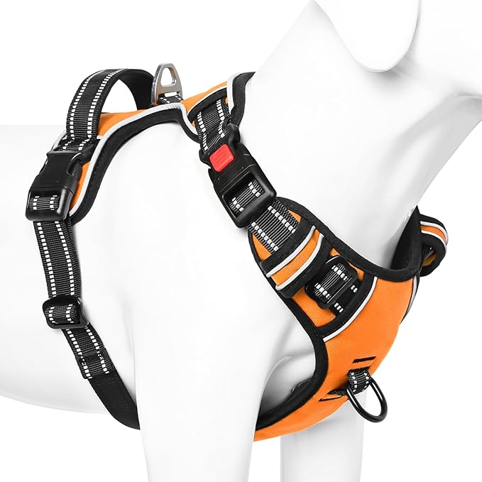 Timos Dog Harness Large Sized, No Pull with Neck Lockable Snap,No Choke Front Clip Dog Reflective Harness,Adjustable Metal Rings 3 Buckles,Easy Control Handle for Large Dogs Orange XL-Mewly Pet