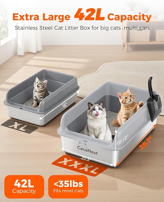 XXXL Stainless Steel Cat Litter Box 28.1''×20.5'' × 10.1” Extra Large Metal Cat Litter Box for Big, Multi Cats, Anti-Leakage & Non-Stick Metal Pan, Easy to Clean, Durable (Light Grey-Mewly Pet