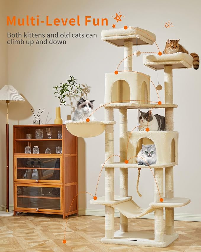 Taoqimiao Cat Tree, 71.7-Inch Cat Tower for Indoor Cats, Plush Multi-Level Cat Condo with 13 Scratching Posts, 2 Perches, 2 Caves, Hammock, 2 Pompoms,Beige MS013LM-Mewly Pet