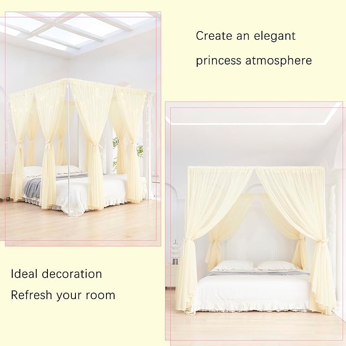 Akiky Ivory Canopy Bed Curtains with Lights 8 Panel Canopy Curtains Drapes for Full Queen Size Bed Large Rod Pocket Sheer Canopy Bed Drapes