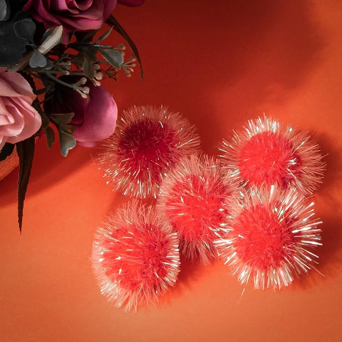 VAPKER 30 Pcs Cat Ball Toys Sparkle Balls Extra Large 2 Inch Cat's Favorite Chase Glitter Ball Glitter Tinsel Pom Poms Balls Red Color-Mewly Pet