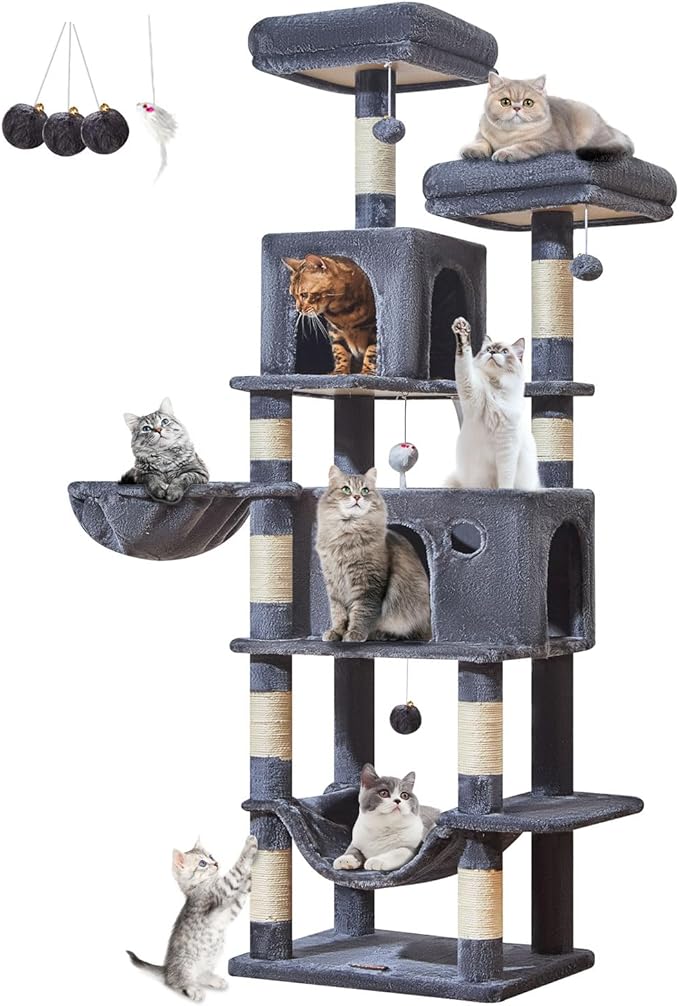Taoqimiao Large Cat Tree，73-Inch Cat Tree Tower with 9 Scratching Posts for Indoor Cats, 2 Large Cat Condo with Hammock, Hanging Basket, 2 Extended Platform, Smoky Gray MS013XLG-Mewly Pet