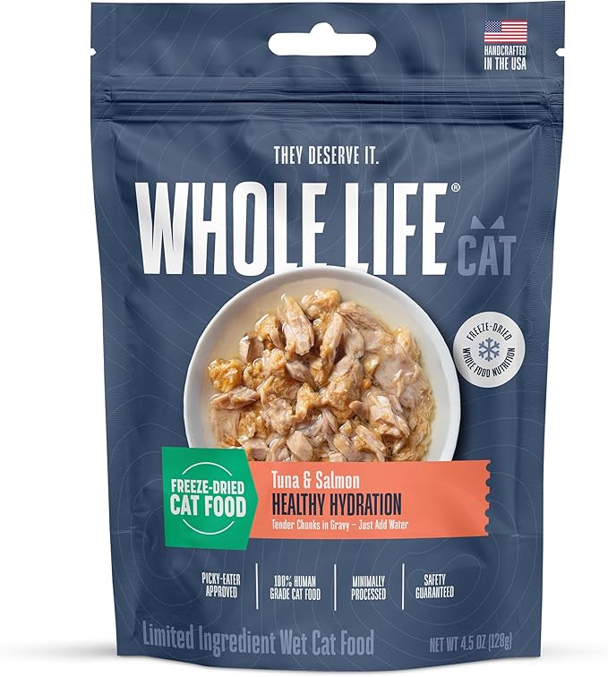 Whole Life Cat Freeze Dried Cat Food - Human-Grade Wet Food Toppers, Single Ingredient Snacks & Lickable Treats, Instantly Hydrating Natural Broth Just Add Water, Made in USA - Salmon & Tuna, 3 Oz-Mewly Pet