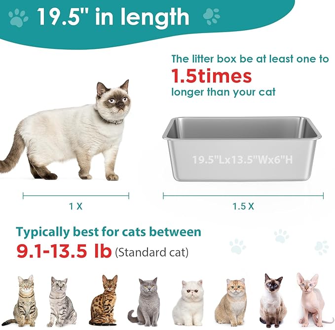 IKITCHEN Stainless Steel Cat Litter Box, Large Metal Litter Box for Cats, Never Absorbs Odors,Stain Free, Rustproof, Non Stick Smooth Surface, Anti-Slip Rubber Bottom, 19.5" L x 13.5" W x 6" H-Mewly Pet