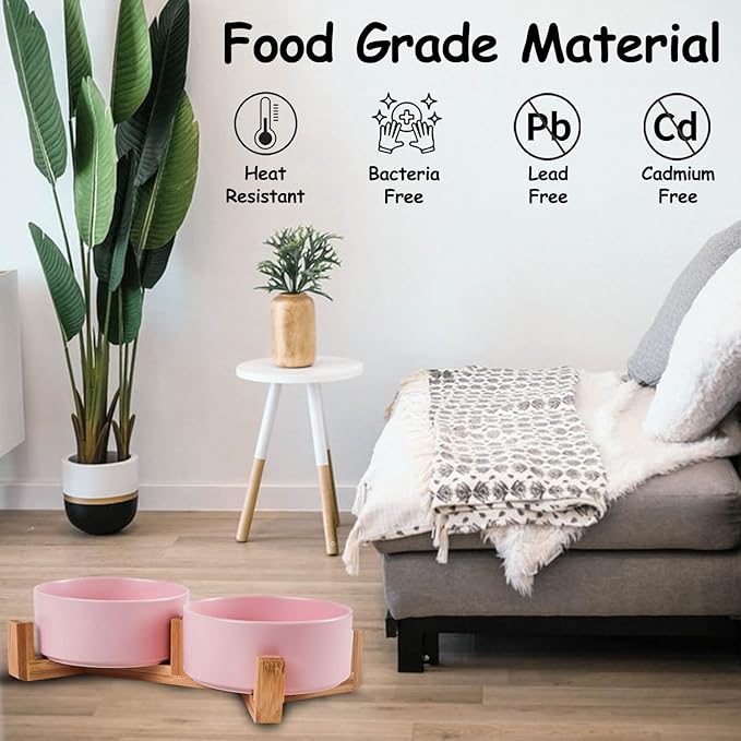 Petygooing Ceramic Cat Dog Bowl Set with Stand,Pink Pet Food and Water Dish,Small Dog Bowls Anti Slip Set of 2 Cat Bowls Pet Food Dishes Pet Bowl Small Size Pet (13.5OZ/5.1 in)-Mewly Pet