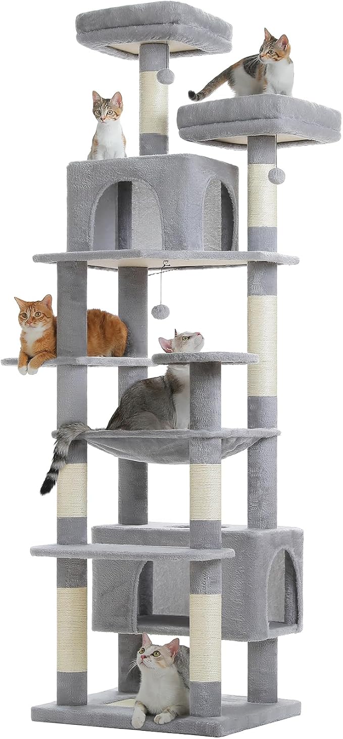 PAWZ Road Heavy Duty Cat Tree for Large Cats, 81 Inches Tall Cat Tower with 2 Perches, 2 Condos and Spacious Hammock, XL Extra Large Condo with 7 Scratching Posts for 20lb+ Adult Cats,Gray-Mewly Pet
