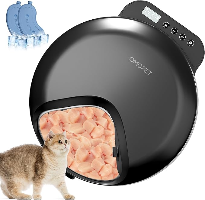 Automatic Cat Feeder Wet Food, Whisker-Friendly Automatic Cat Food Dispenser True 4-Meal Design with Locking Lid, Smart Timer Feeder for Wet Cat/Dog ，2-Ice Packs, Easy to Clean (Black)-Mewly Pet