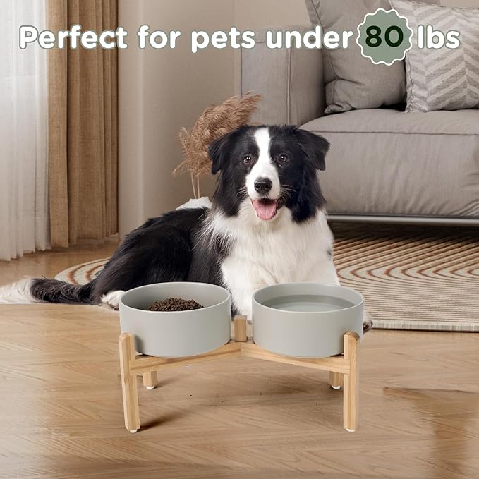 SPUNKYJUNKY Elevated Dog Bowls Ceramic, 7.3'' Dogs Food Water Bowls Raised with Non-Slip Bamboo Stand for Medium to Large Sized Breed Microwave Dishwasher Safe - 42 OZ,Grey-Mewly Pet