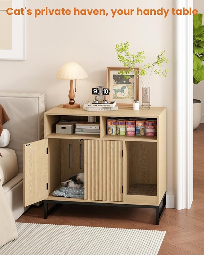Cat Litter Box Enclosure, Large Hidden Pet Storage Cabinet Furniture with Waveform Fluted Doors & Scratching Pad, Modern Wooden Cat House Indoor for Washroom, Living Room, Bedroom, Natural-Mewly Pet